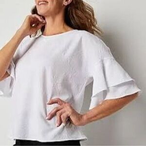 Elegant Liz Claiborne White Ruffle Sleeve Top